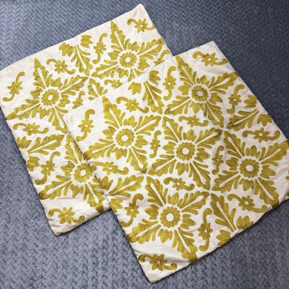 Vintage Pier 1 Throw Pillow Covers 18" Ivory Gold Embroidered Floral Set of 2